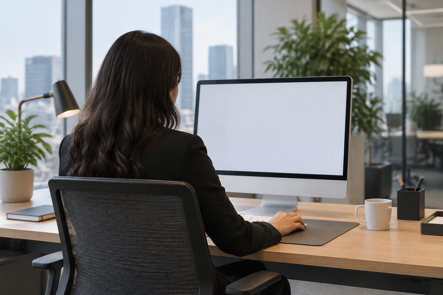 Une femme assise à un bureau utilise une souris devant un écran blanc, dans un bureau vitré avec des plantes et une vue sur des immeubles.