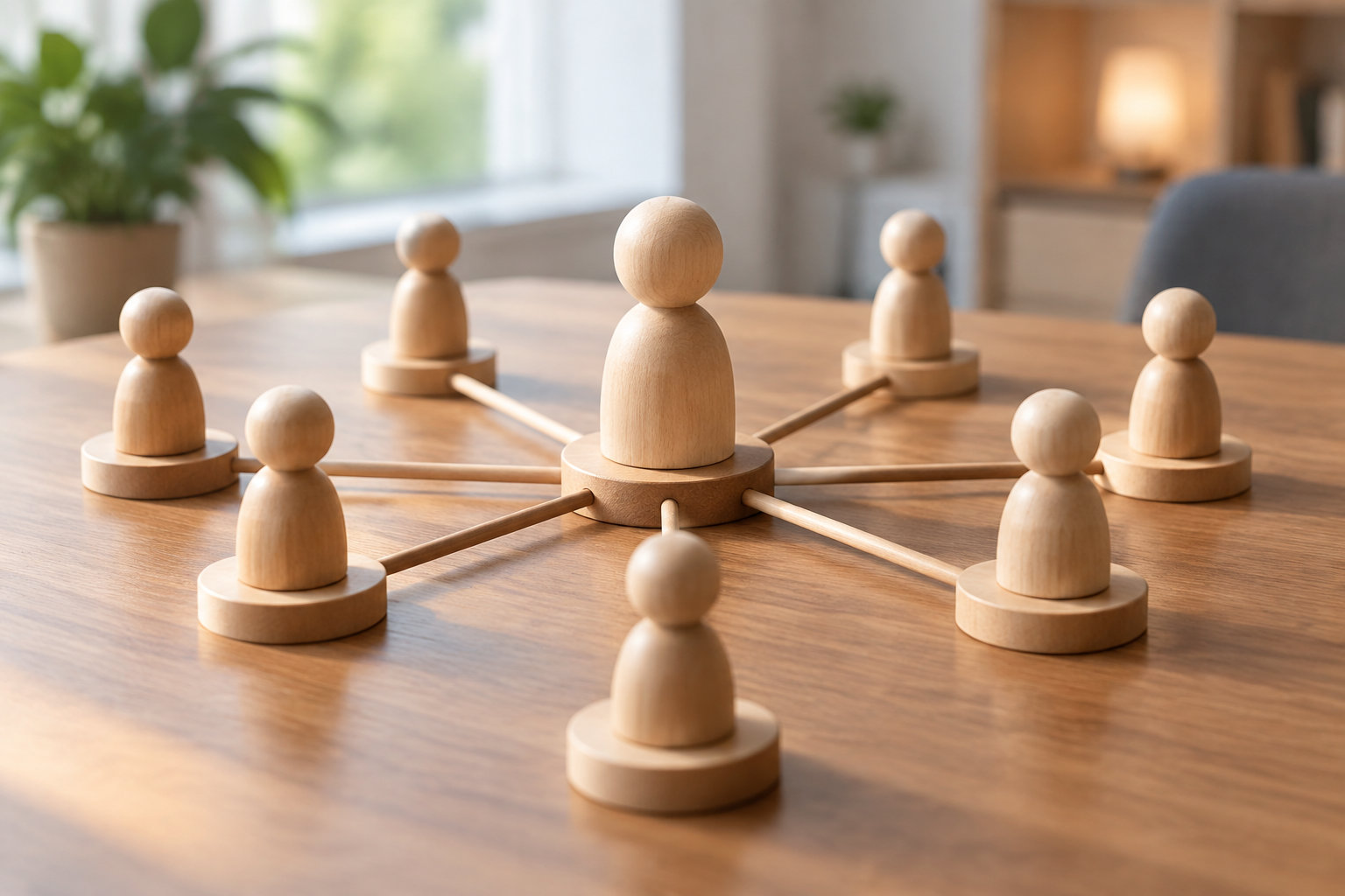 Des figurines en bois reliées par des tiges sont disposées en cercle sur une table, autour d’une figurine centrale.