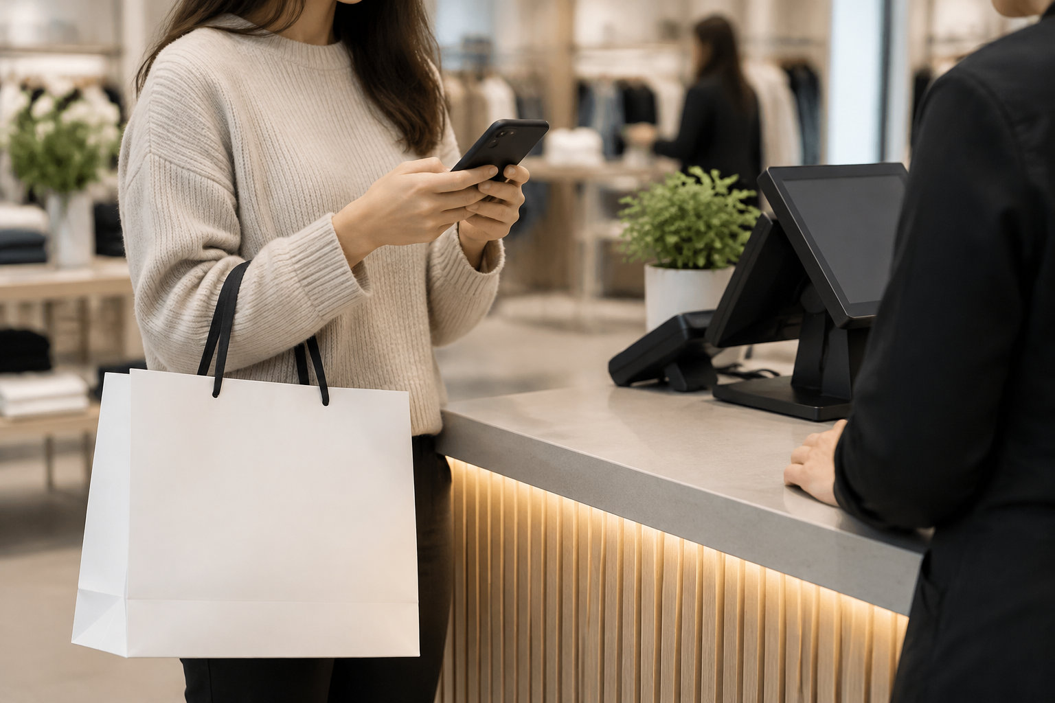 Une cliente tient son téléphone à la caisse d’un magasin, avec un sac en papier blanc au bras, tandis qu’une personne se tient derrière le comptoir.