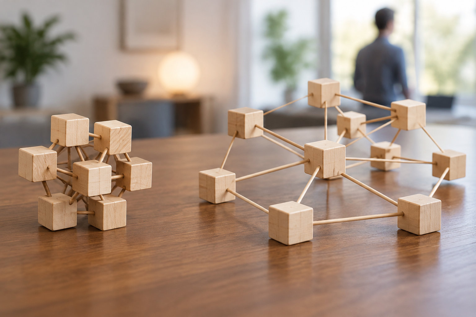 Des cubes en bois reliés par des tiges forment deux structures sur une table, tandis qu’une personne se tient près d’une fenêtre à l’arrière-plan.