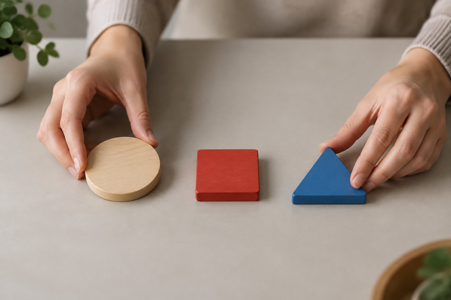 Deux mains disposent des formes en bois circulaires, carrées et triangulaires sur une table.