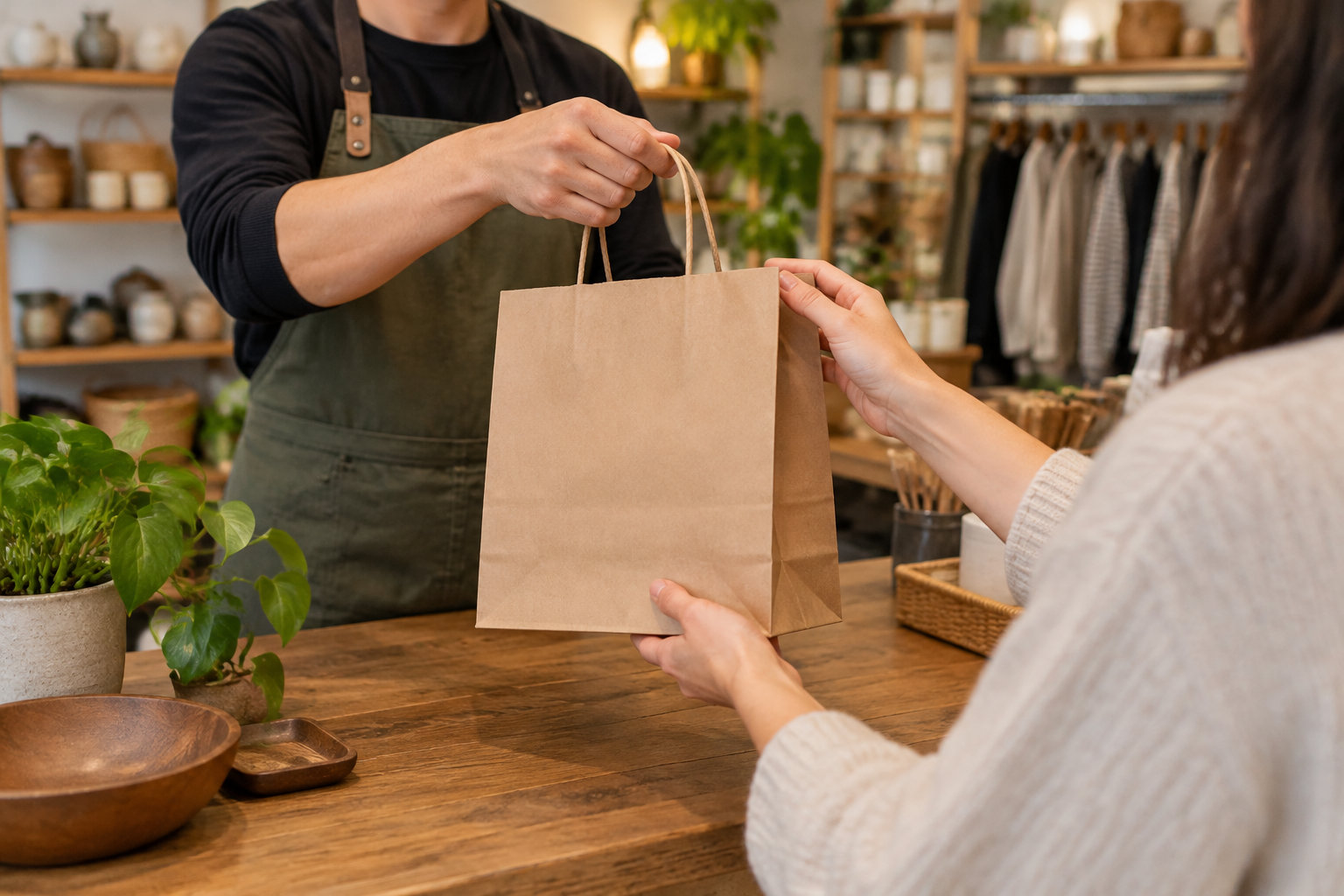 Un commerçant tend un sac en papier à une cliente derrière un comptoir en bois, dans une boutique garnie de plantes et d’objets artisanaux.