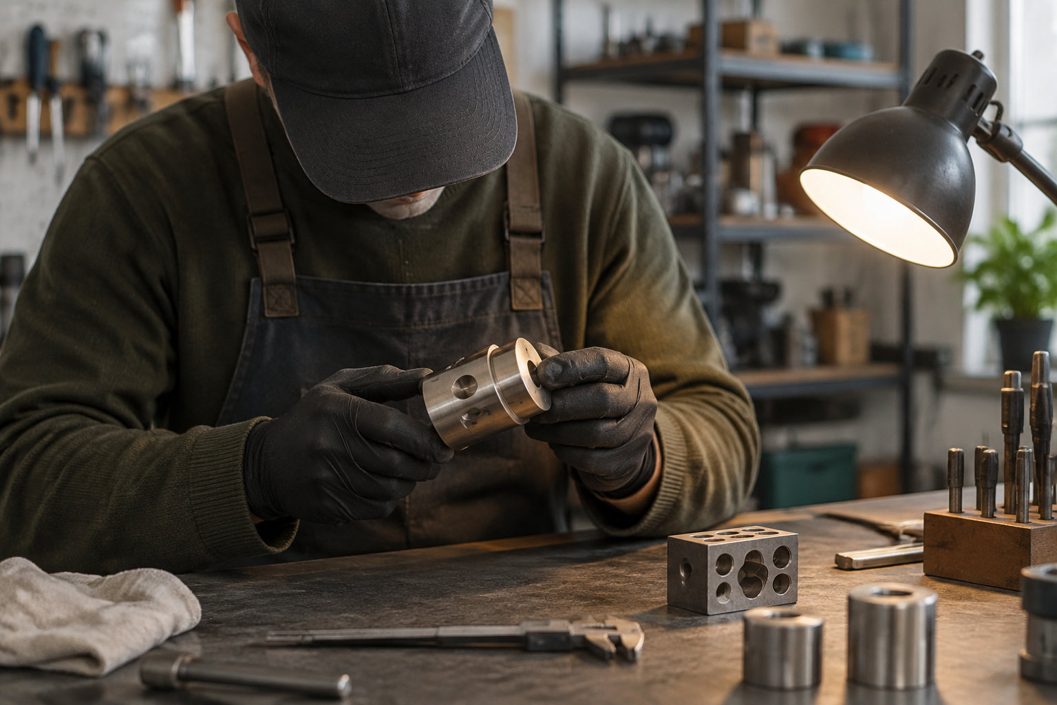 Une personne portant des gants examine une pièce métallique sur un établi, dans un atelier éclairé par une lampe de bureau.