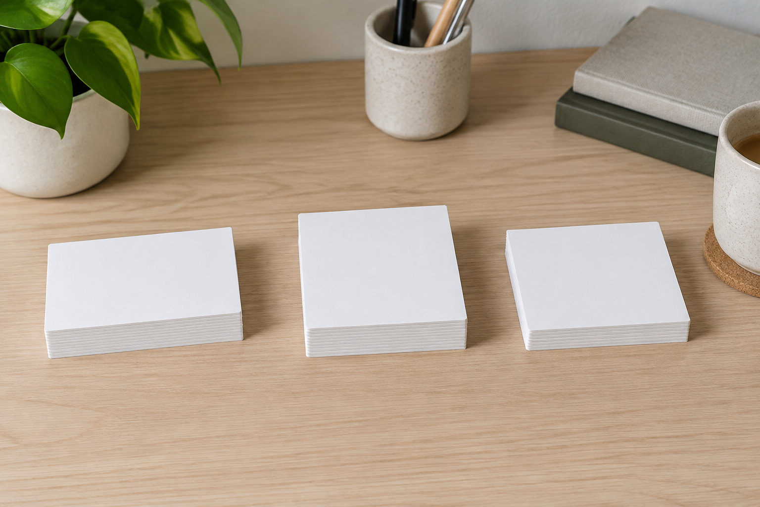 Trois piles de cartes blanches vierges sont posées sur un bureau en bois, près d’une plante, d’un pot à crayons, de livres et d’une tasse.