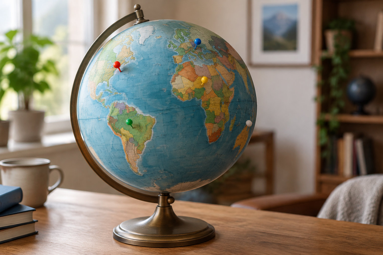 Un globe terrestre posé sur un bureau en bois est piqué de punaises colorées, près de livres et d’une tasse.