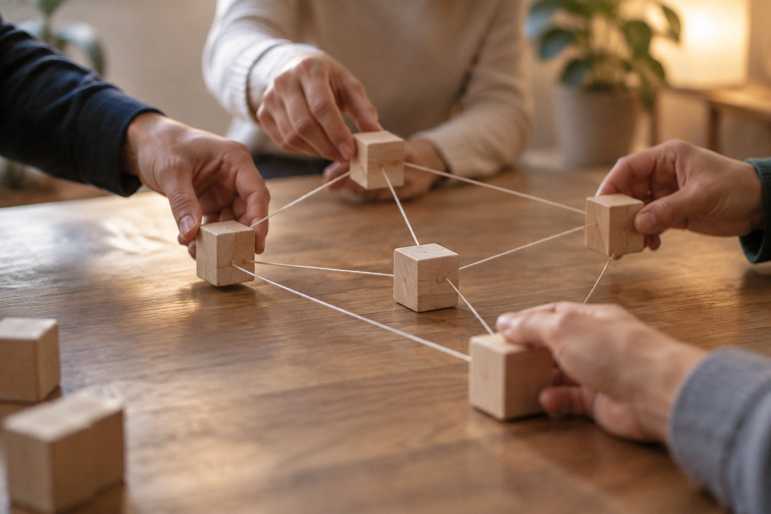 Plusieurs personnes relient des cubes en bois avec des ficelles sur une table.