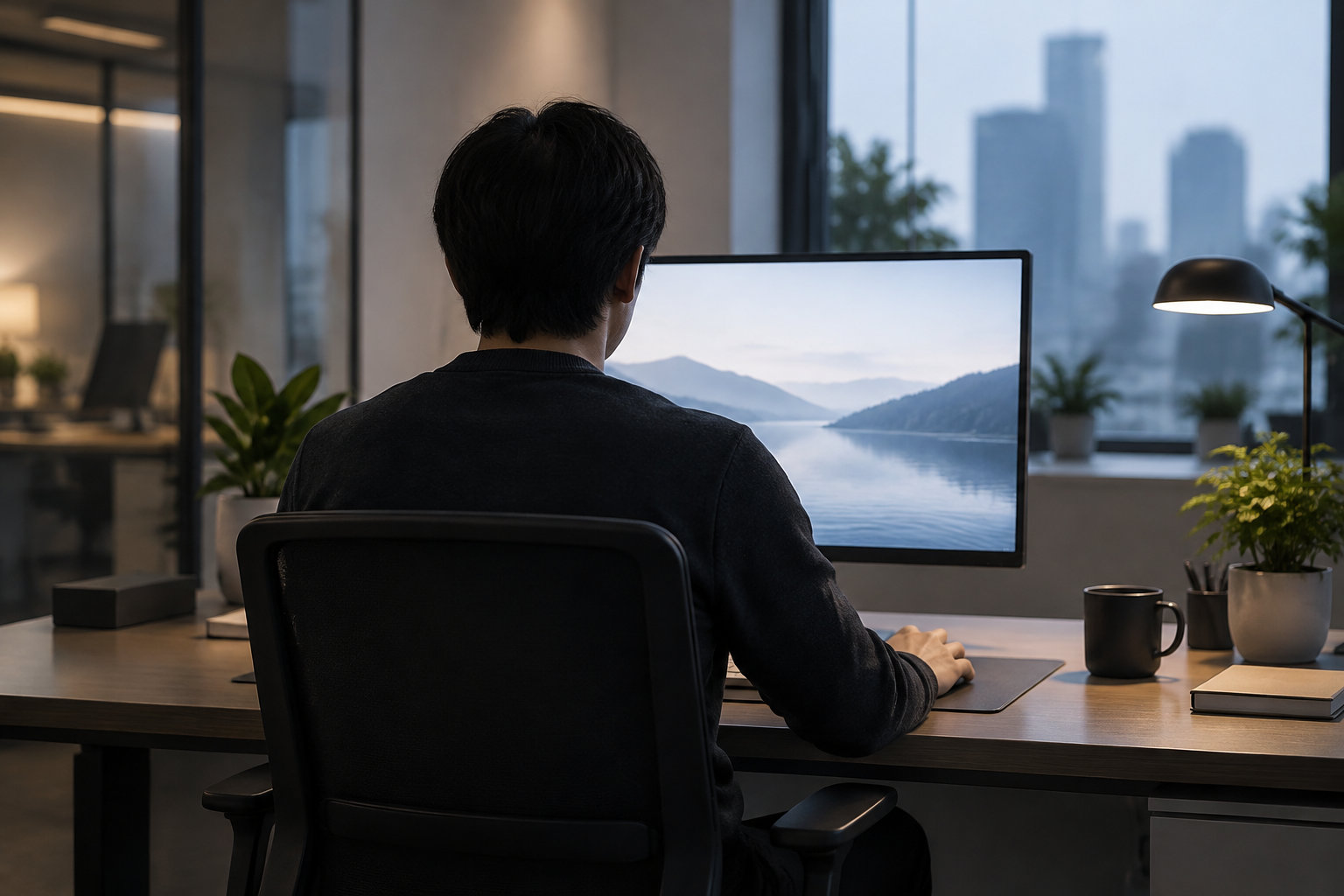 Une personne assise à un bureau regarde un écran affichant un paysage de lac et de montagnes, dans une pièce avec des plantes, une lampe, une tasse et un carnet.