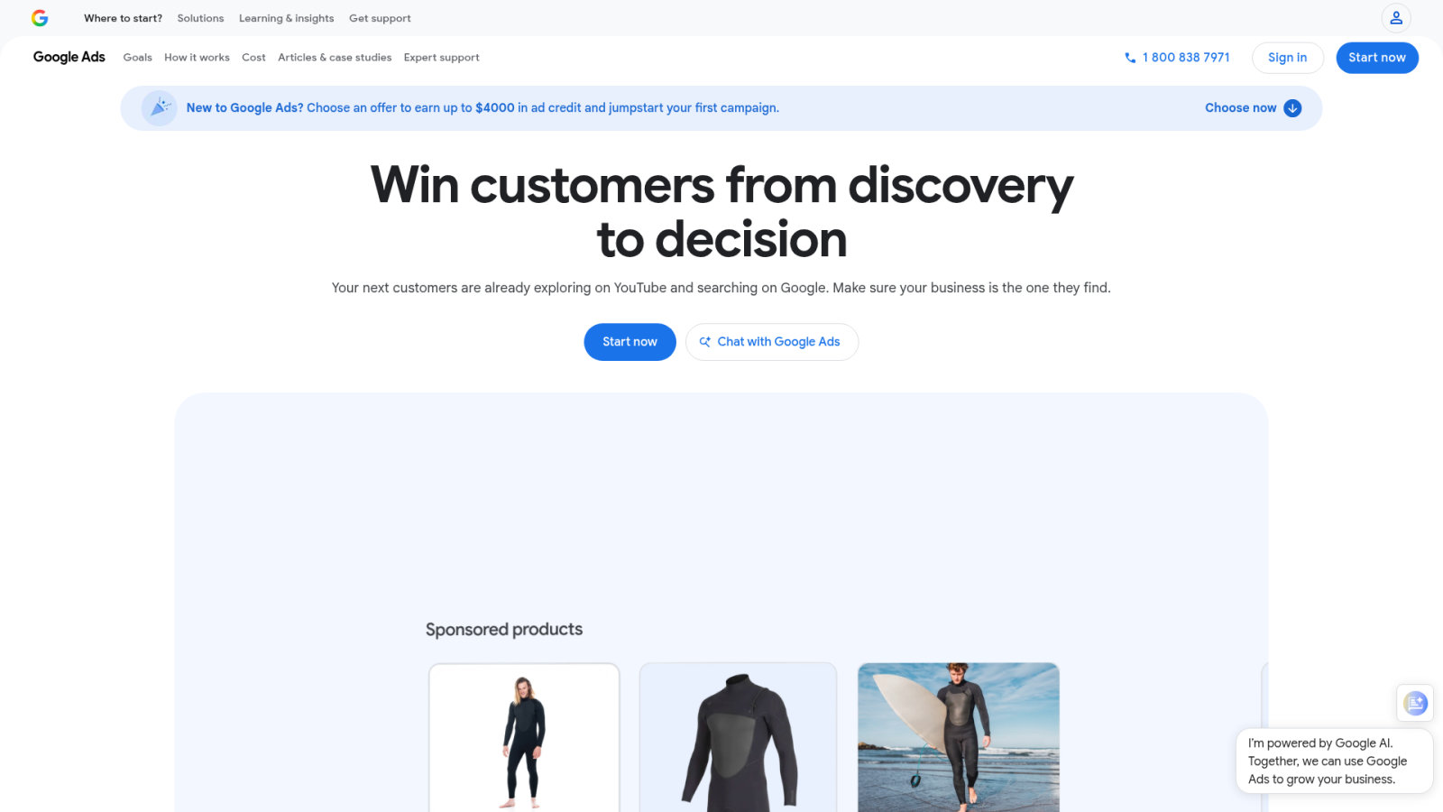 Capture d’une page web affichant le titre « Win customers from discovery to decision », avec trois images de vêtements présentées dans une section « Sponsored products ».
