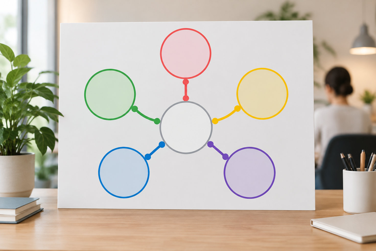 Un tableau blanc présente un cercle gris central relié à cinq cercles colorés, posé sur un bureau avec des plantes, des livres et un pot à crayons.