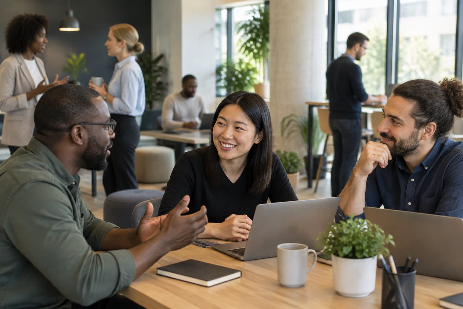 Trois collègues discutent autour d’une table avec des ordinateurs portables, un carnet, une tasse et une plante, dans un espace de travail lumineux.