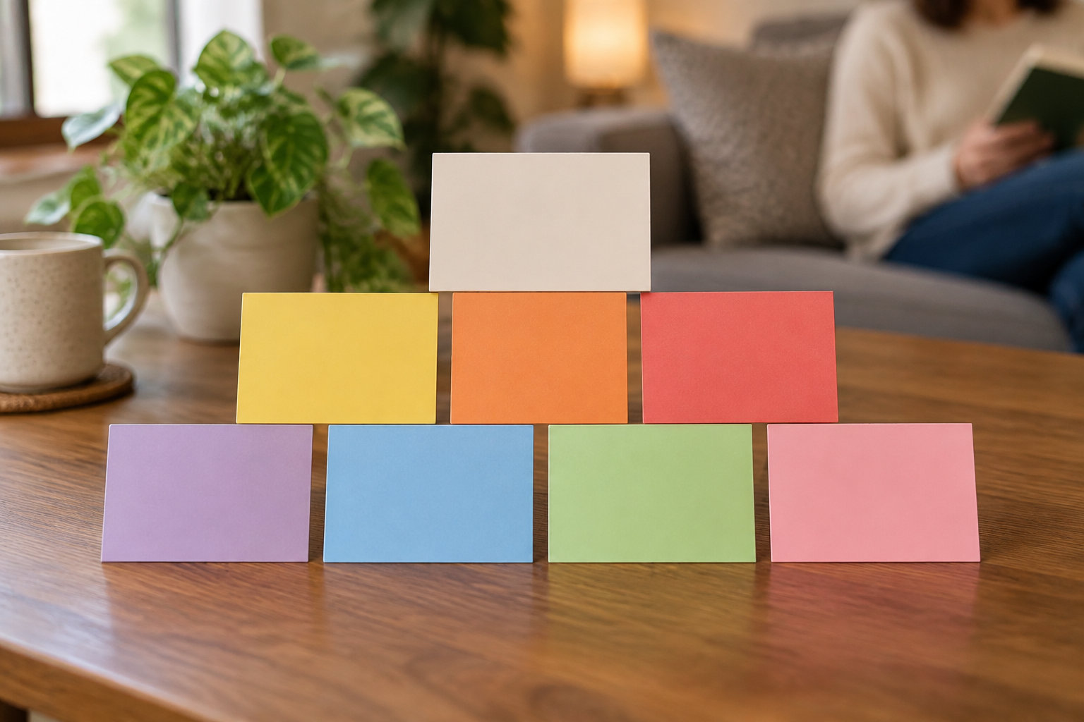 Des cartes vierges de différentes couleurs sont disposées en pyramide sur une table basse en bois, devant un canapé et une plante.