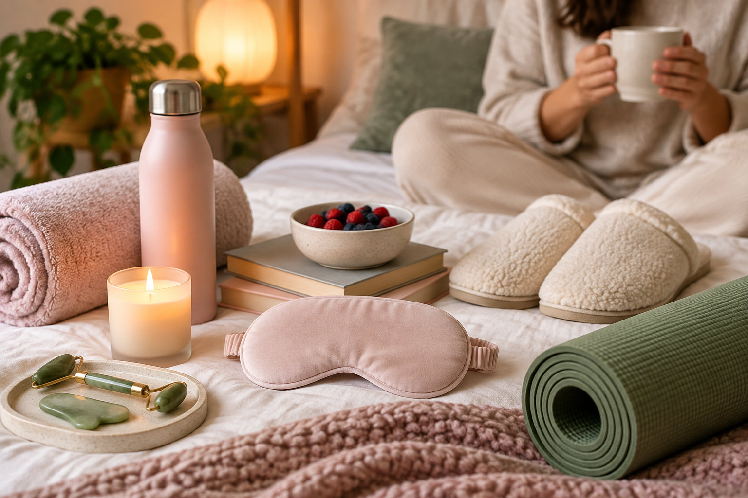 Une personne assise sur un lit tient une tasse, entourée d’accessoires de détente, dont une bougie allumée, un masque de sommeil, un rouleau de yoga et un bol de fruits rouges.