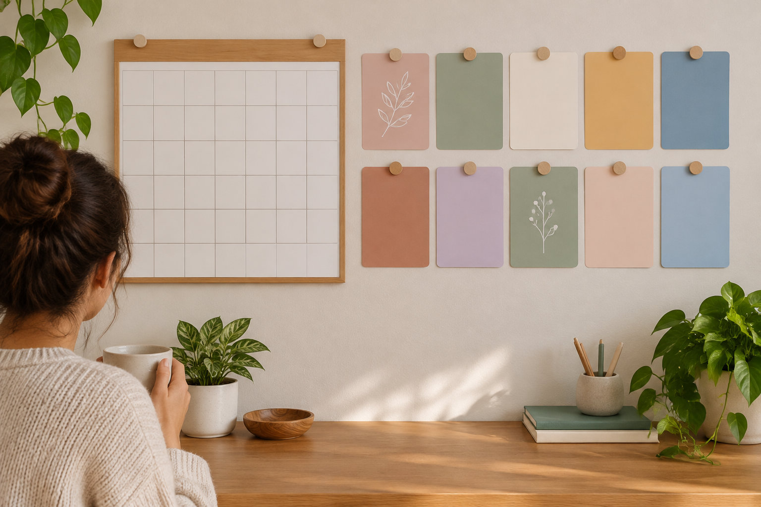 Une femme assise devant un tableau quadrillé et des cartes colorées sans texte, dans un espace de travail décoré de plantes.