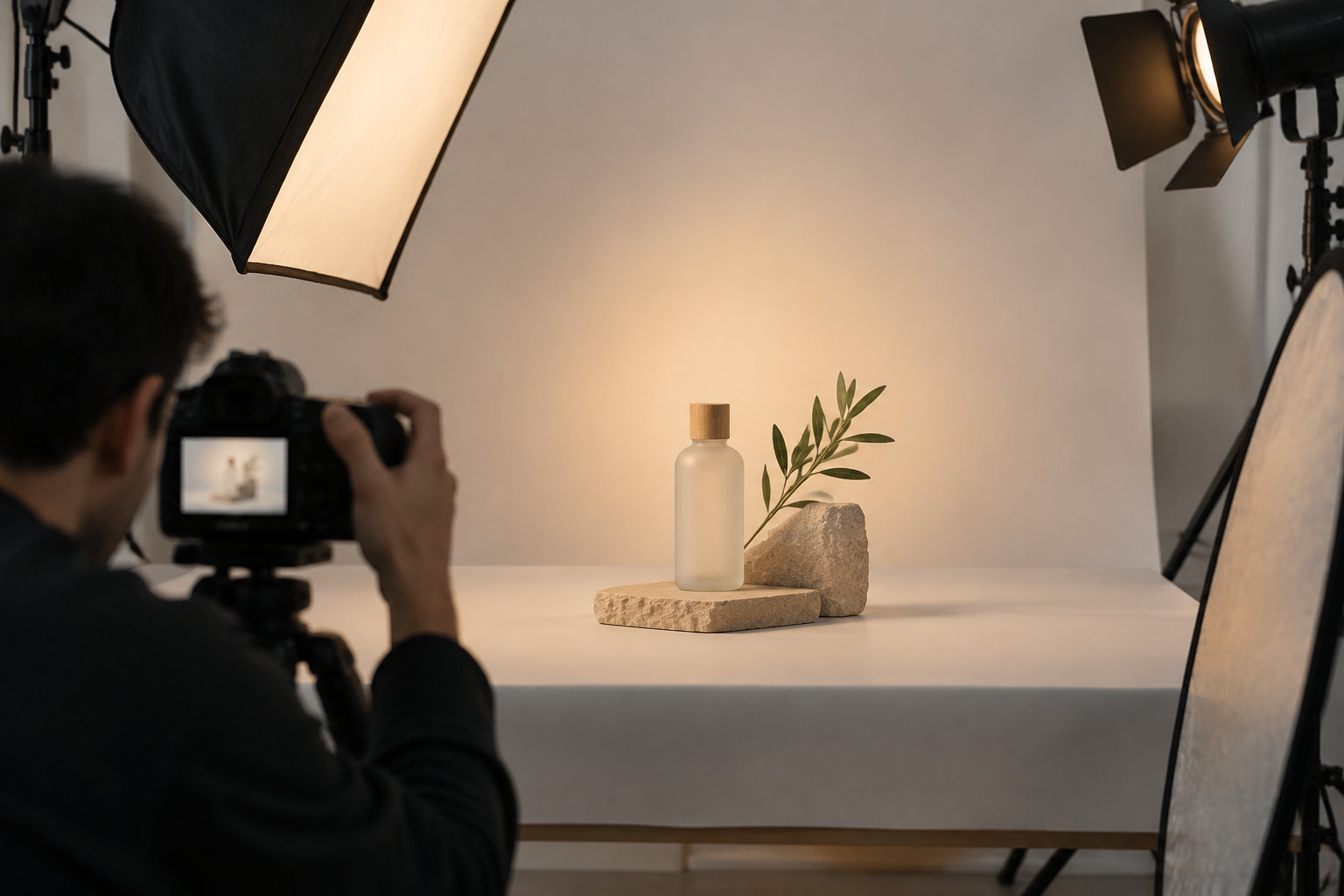 Un photographe prend en photo un flacon posé sur des pierres, avec une branche feuillue, dans un studio éclairé par des projecteurs et des réflecteurs.