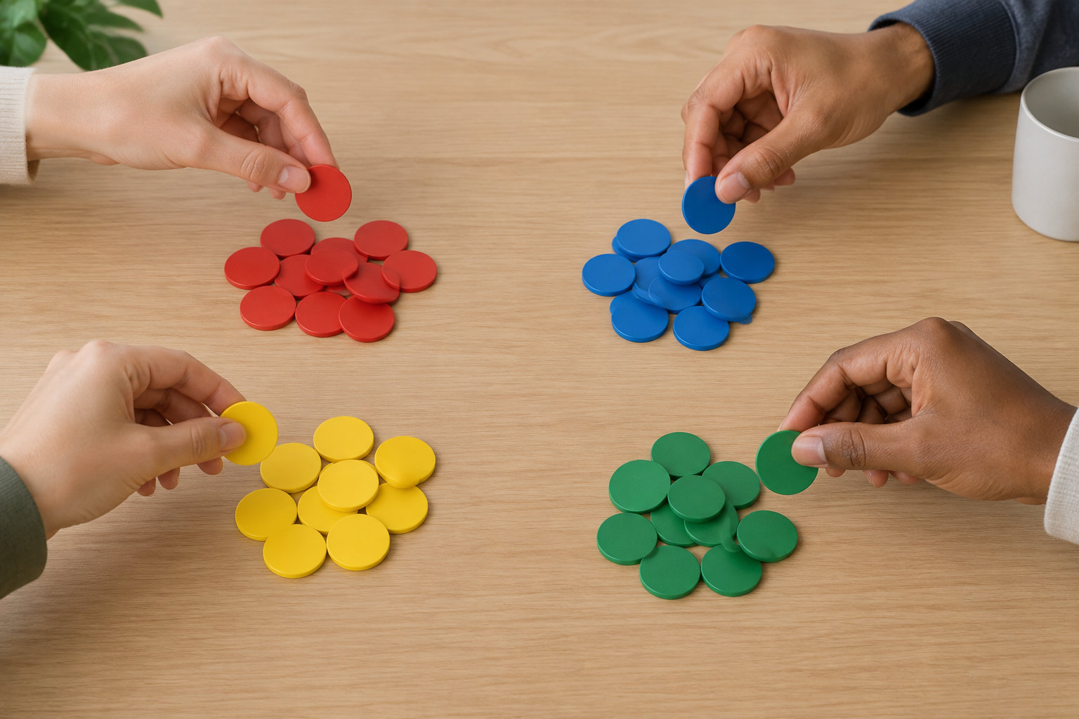 Quatre mains déposent des jetons rouges, bleus, jaunes et verts en tas sur une table en bois, avec une tasse blanche sur le bord.