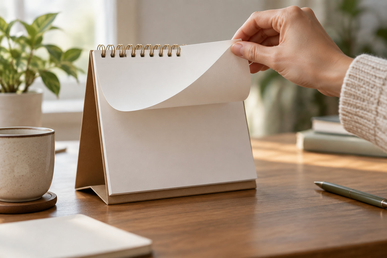 Une main tourne la page blanche d’un calendrier posé sur un bureau en bois, près d’une tasse, d’un stylo et d’une plante.