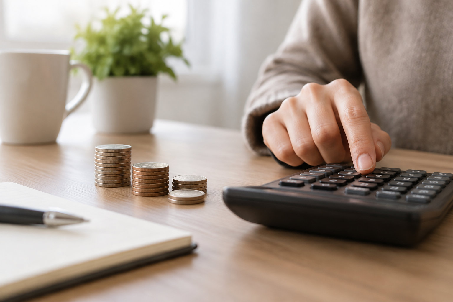 Une personne appuie sur les touches d’une calculatrice posée sur une table, à côté de piles de pièces et d’un carnet.