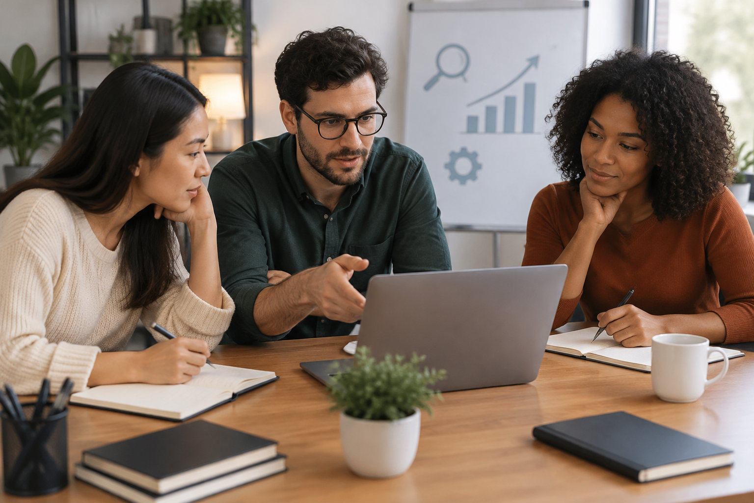 Trois personnes réunies autour d’un ordinateur portable dans un bureau, avec des carnets, des stylos et une tasse sur la table ; un tableau blanc affiche des graphiques et des icônes.