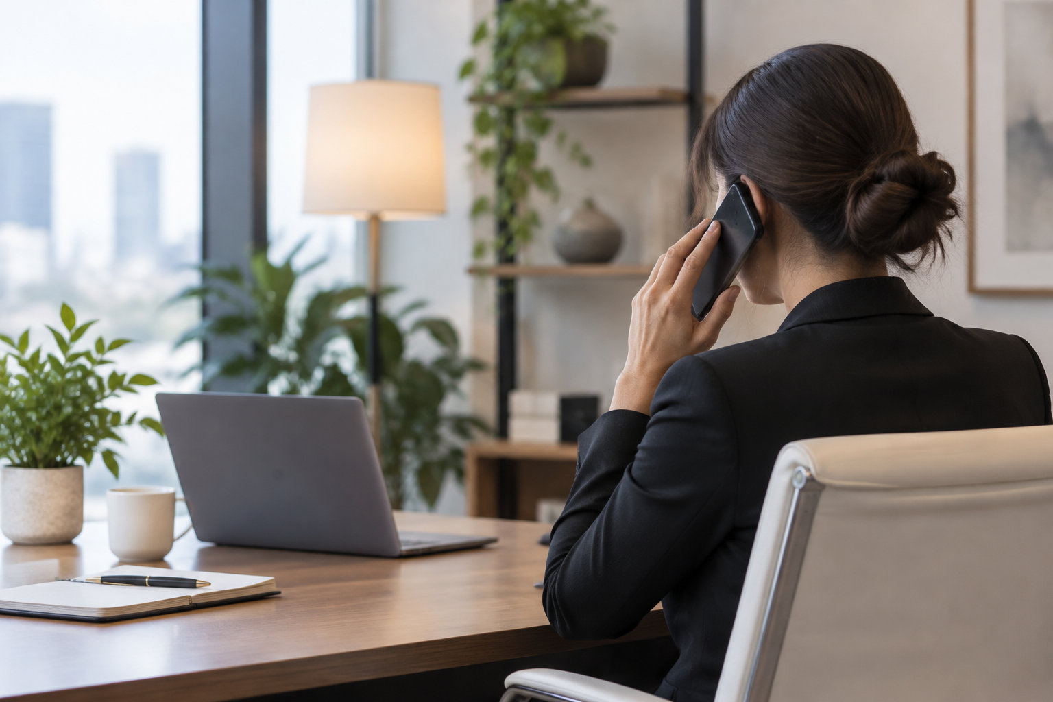 Une femme assise à un bureau tient un téléphone contre son oreille, devant un ordinateur portable, un carnet et un stylo.