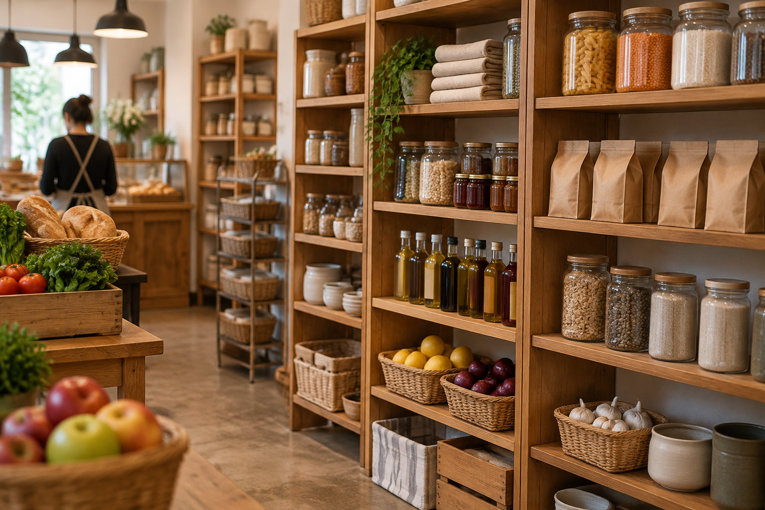 Une épicerie présente des bocaux, des sachets en papier, des bouteilles d’huile, des fruits et des légumes sur des étagères en bois, tandis qu’une personne se tient près du comptoir.