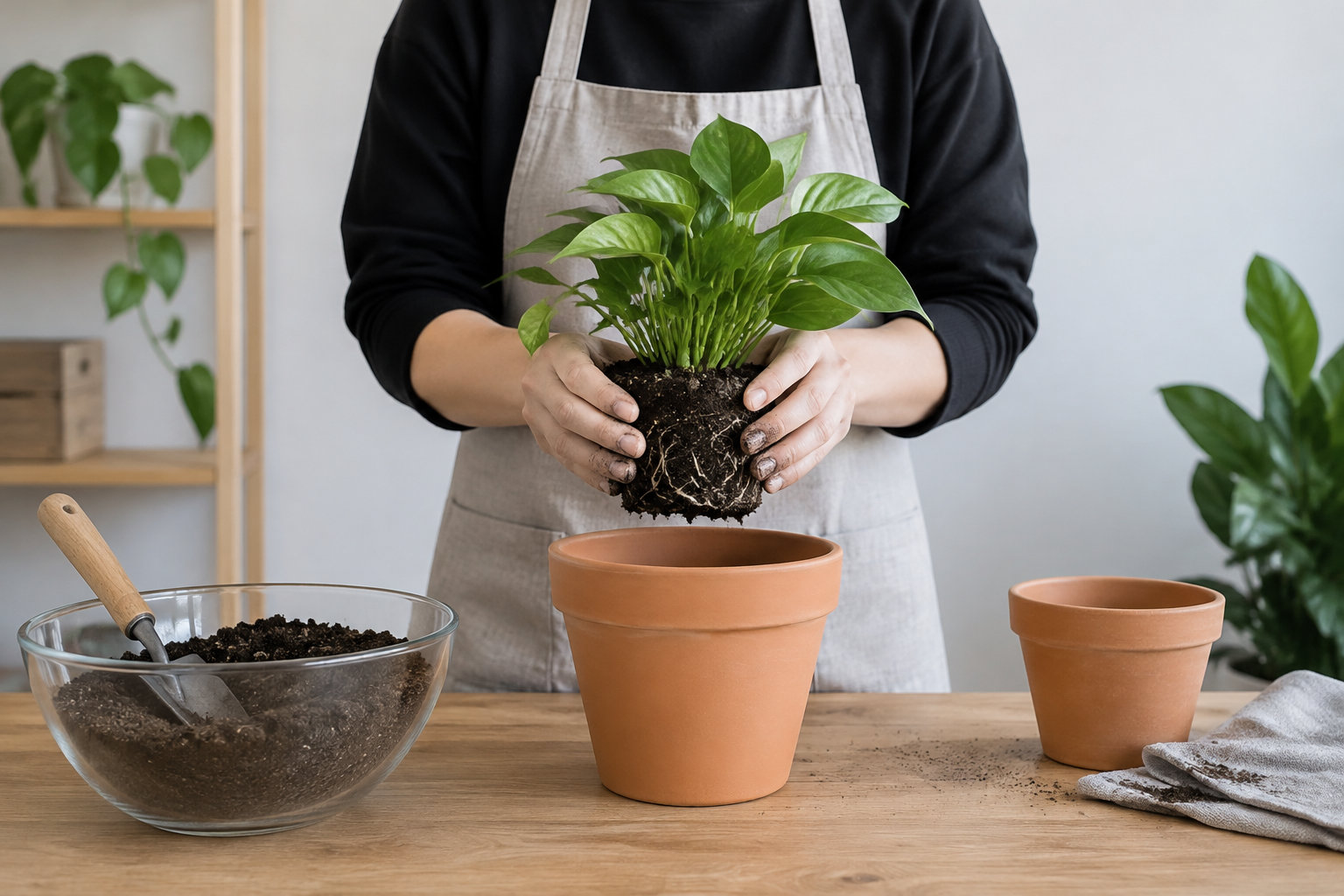 Une personne en tablier tient une plante au-dessus d’un pot en terre cuite, avec un bol de terreau et une petite pelle posés sur une table en bois.