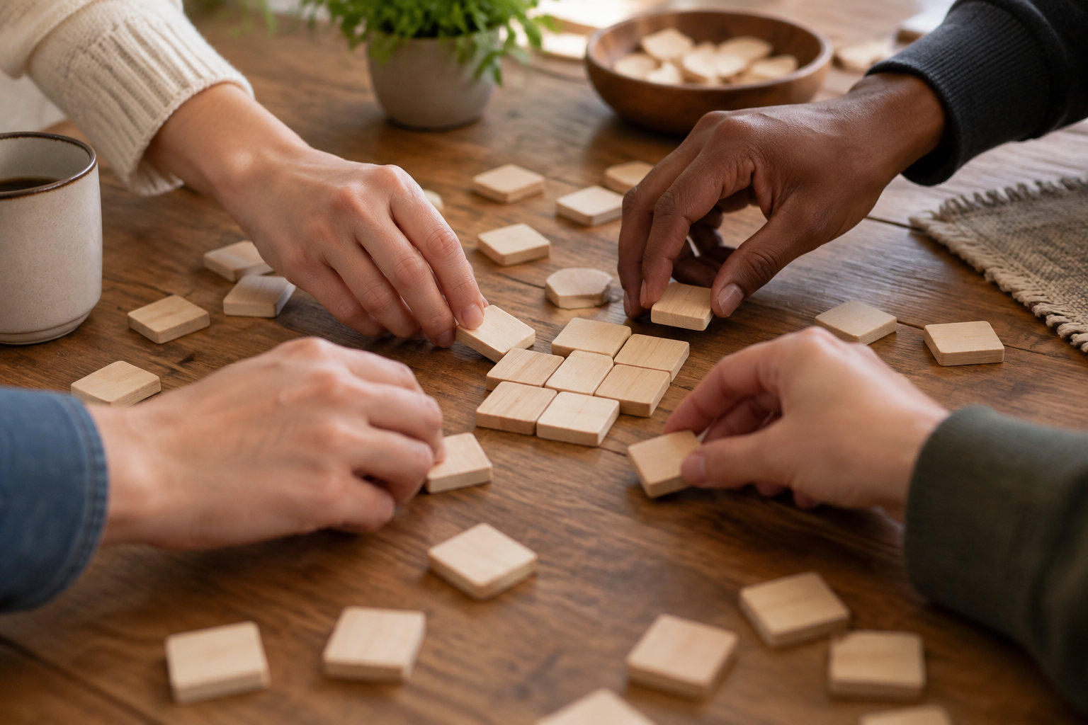 Quatre personnes assemblent des pièces de bois sur une table autour d’une tasse et d’un bol.