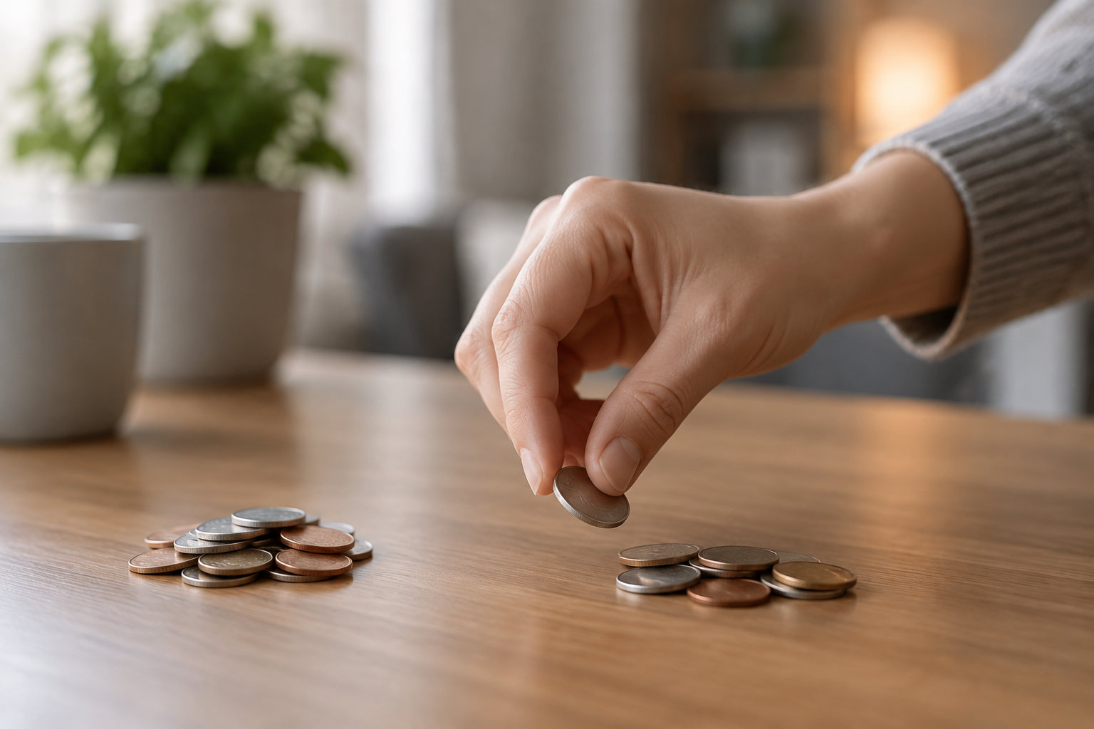 Une main dépose une pièce parmi deux petits tas de pièces sur une table en bois.