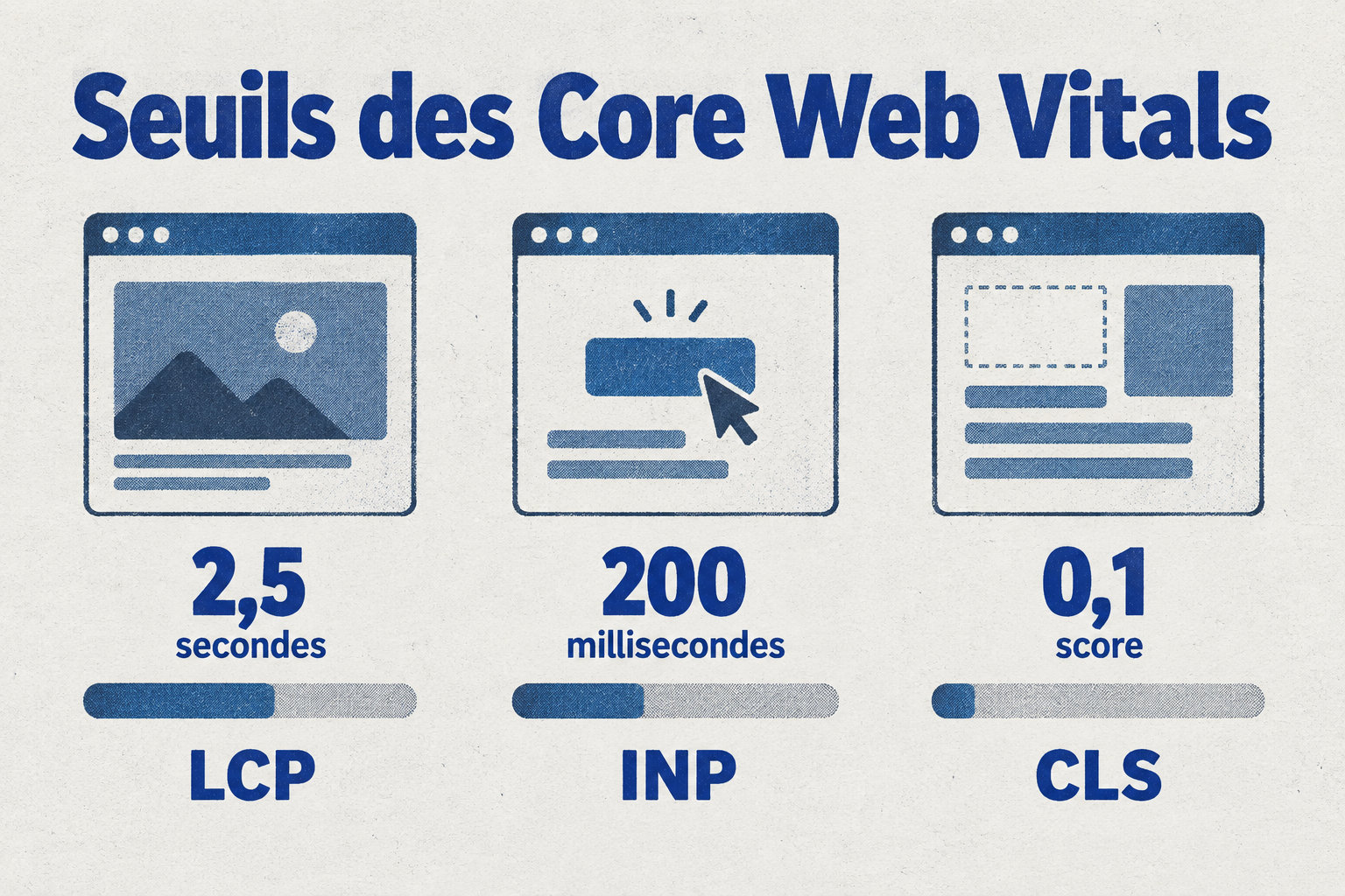 Les bons seuils des Core Web Vitals sont un LCP de 2,5 secondes, un INP inférieur à 200 millisecondes et un CLS inférieur à 0,1 score.