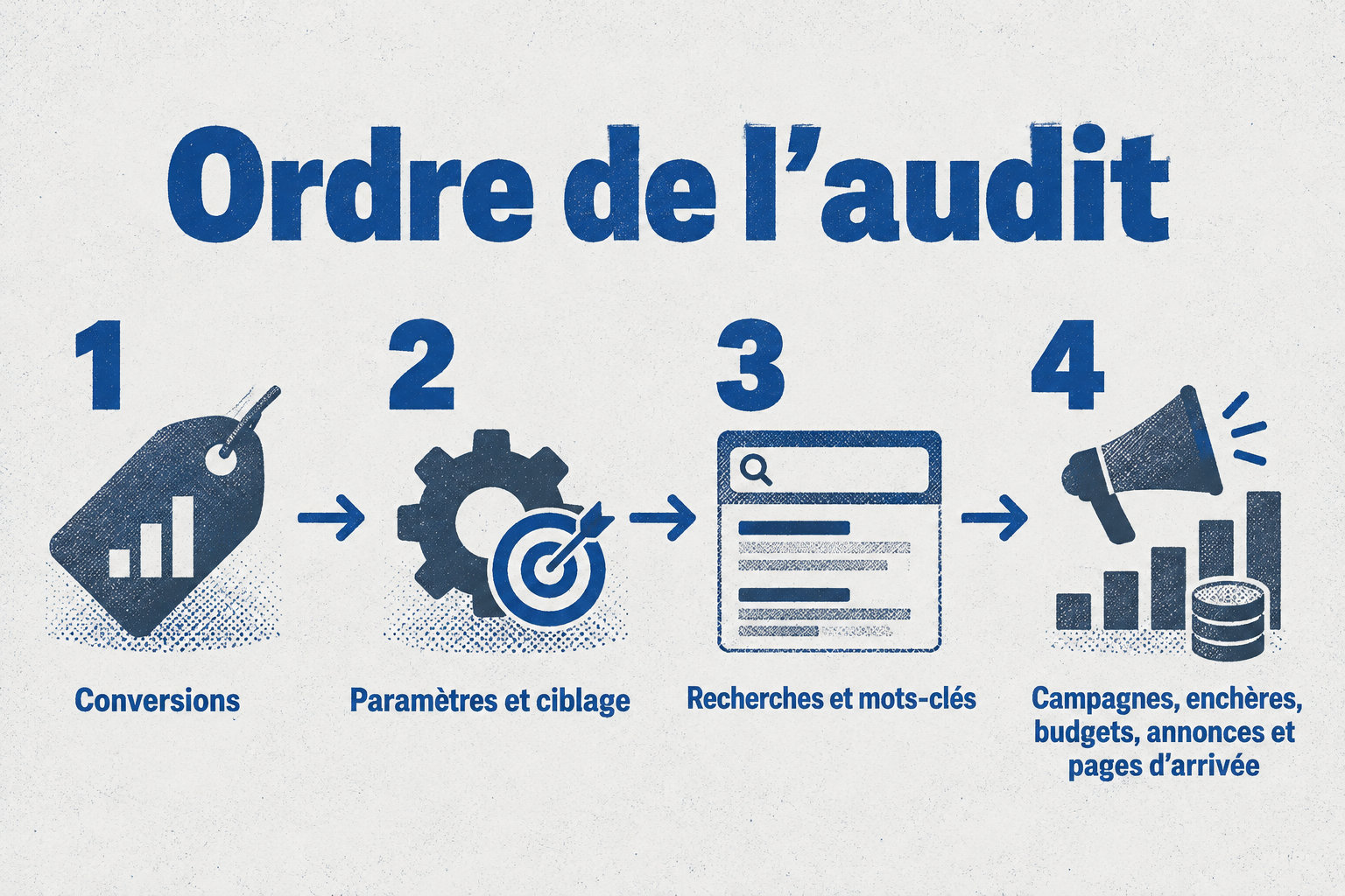 L’audit Google Ads suit quatre étapes : vérifier les conversions, les paramètres et le ciblage, les recherches et mots-clés, puis les campagnes, enchères, budgets, annonces et pages d’arrivée.