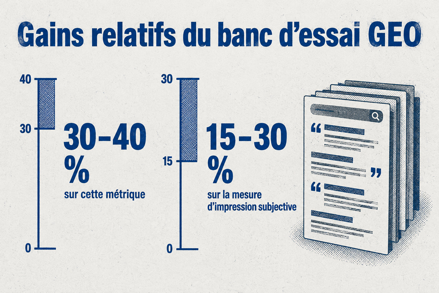 Le banc d’essai GEO rapporte un gain relatif de 30 à 40 % sur cette métrique et de 15 à 30 % sur la mesure d’impression subjective.