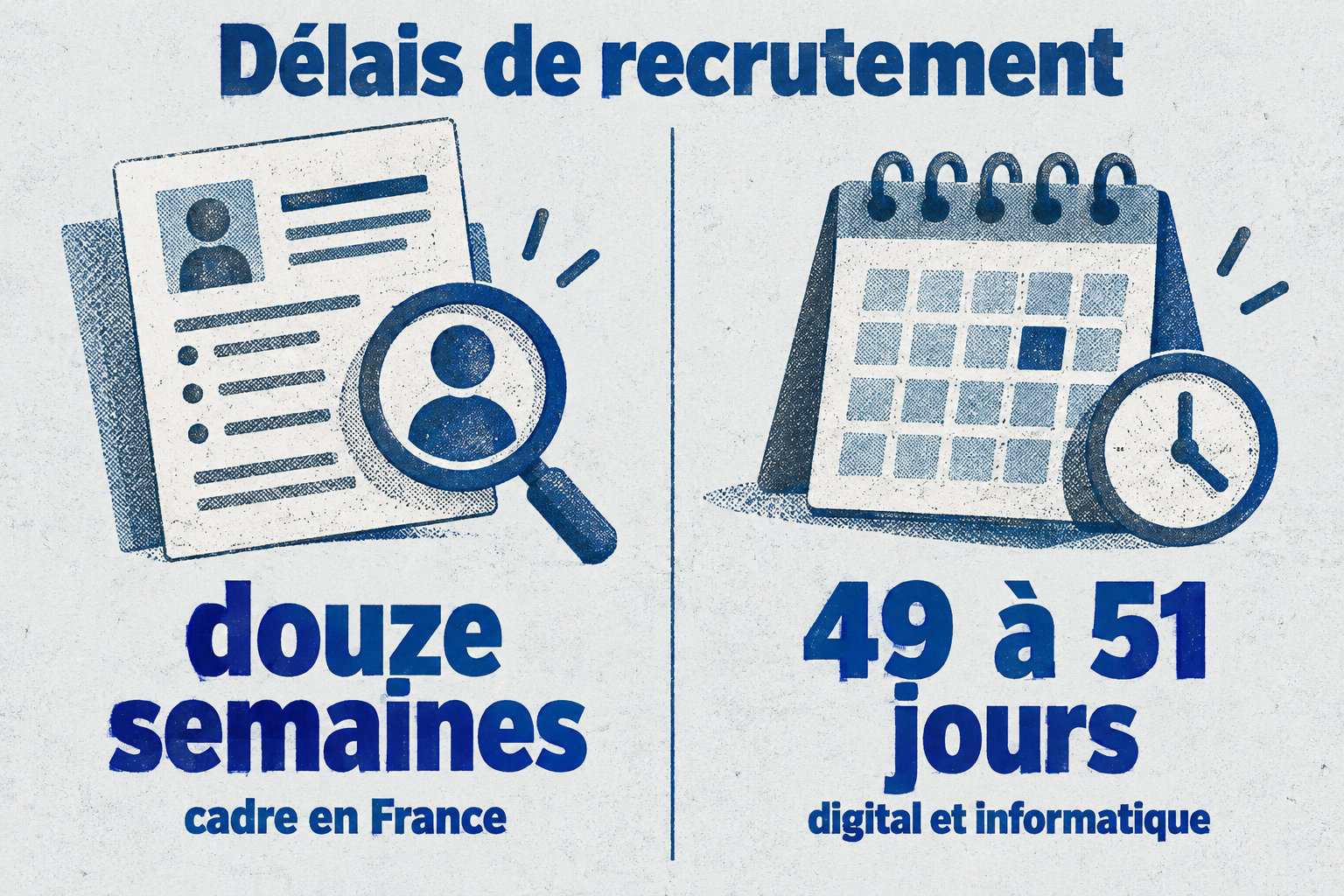 Le recrutement d’un cadre prend en moyenne douze semaines en France ; dans le digital et l’informatique, le délai est d’environ 49 à 51 jours, avant préavis et prise de poste.
