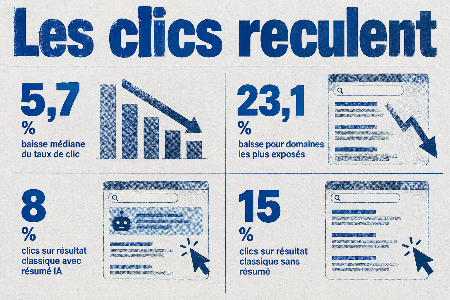 La baisse médiane du taux de clic est de 5,7 %, contre 23,1 % pour les domaines les plus exposés ; les clics sur un résultat classique passent de 15 % sans résumé IA à 8 % avec résumé.