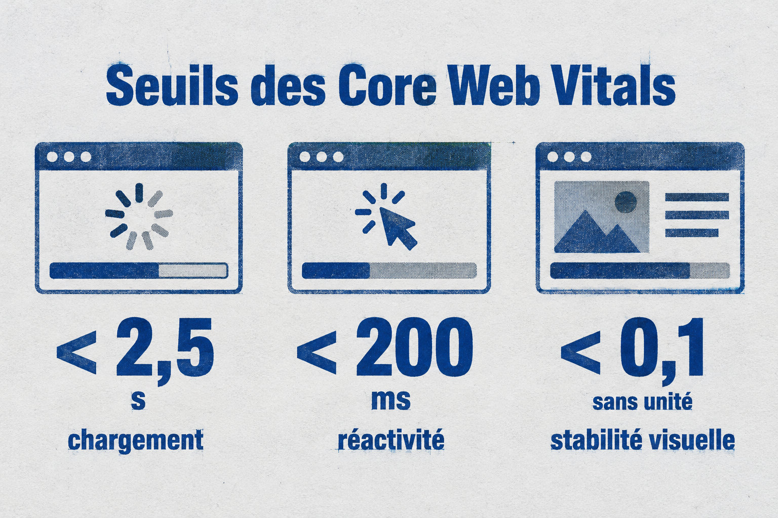 Trois jauges indiquent les seuils des Core Web Vitals : chargement sous 2,5 s, réactivité sous 200 ms et stabilité visuelle sous 0,1, sans unité.