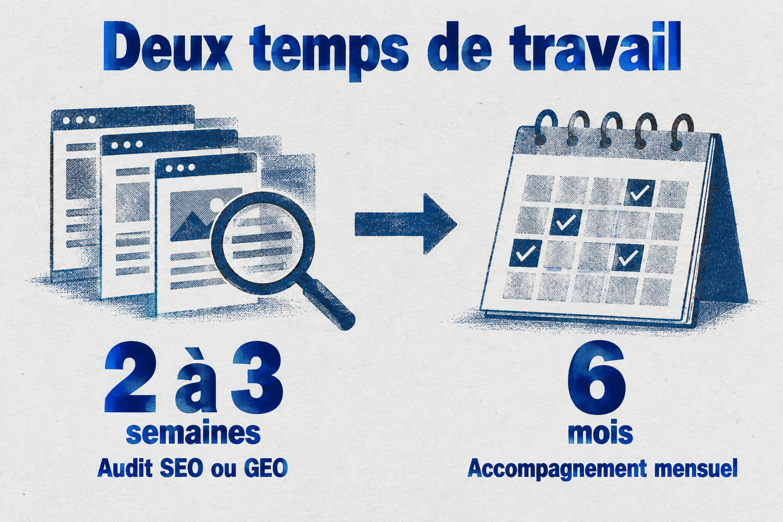 La frise indique deux à trois semaines pour l’audit SEO ou GEO, puis six mois pour l’accompagnement mensuel.
