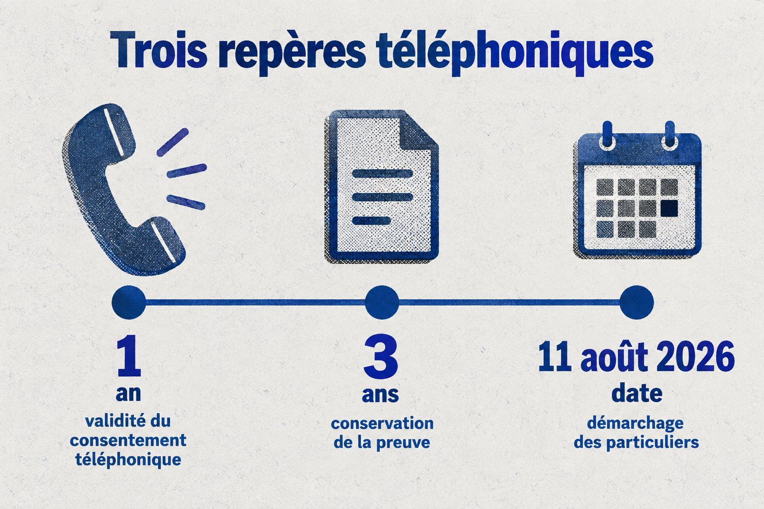Une frise présente la validité d’un an du consentement téléphonique, la conservation de la preuve pendant trois ans et le 11 août 2026 comme point de départ du démarchage des particuliers.