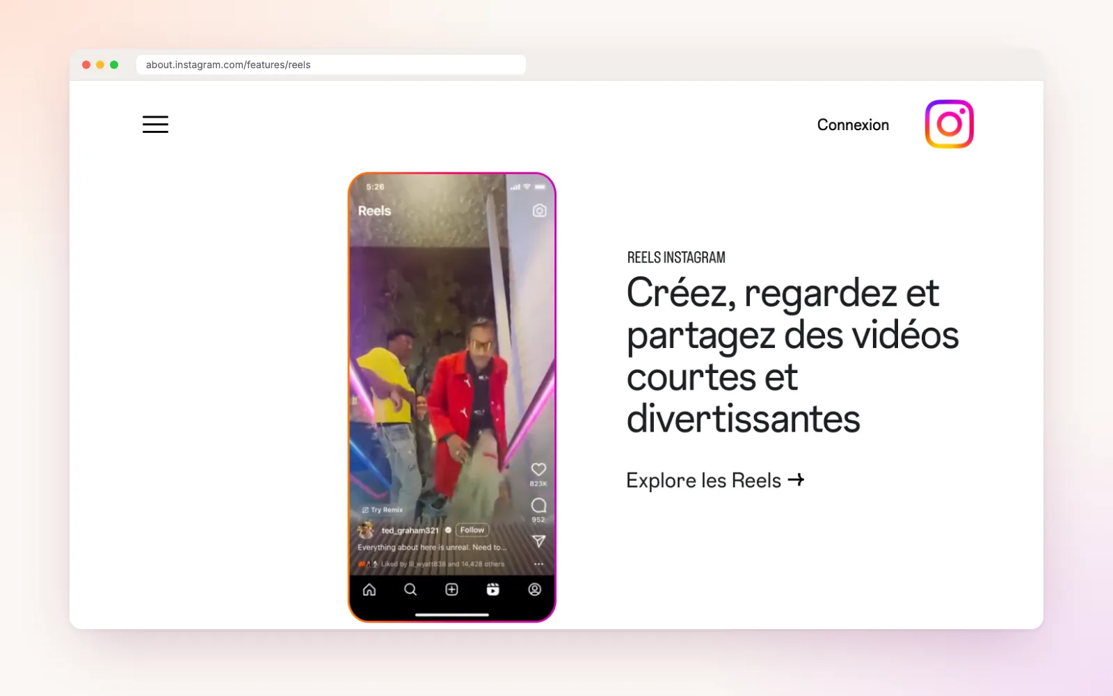 Page Instagram Reels, vidéos courtes et divertissantes.
