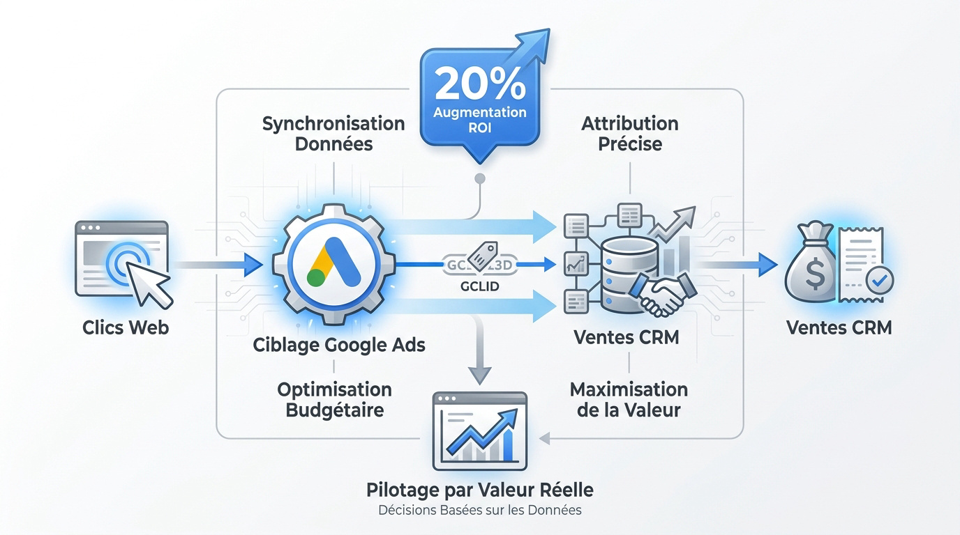 Schéma technique de la réconciliation des données entre le web et le CRM pour Google Ads