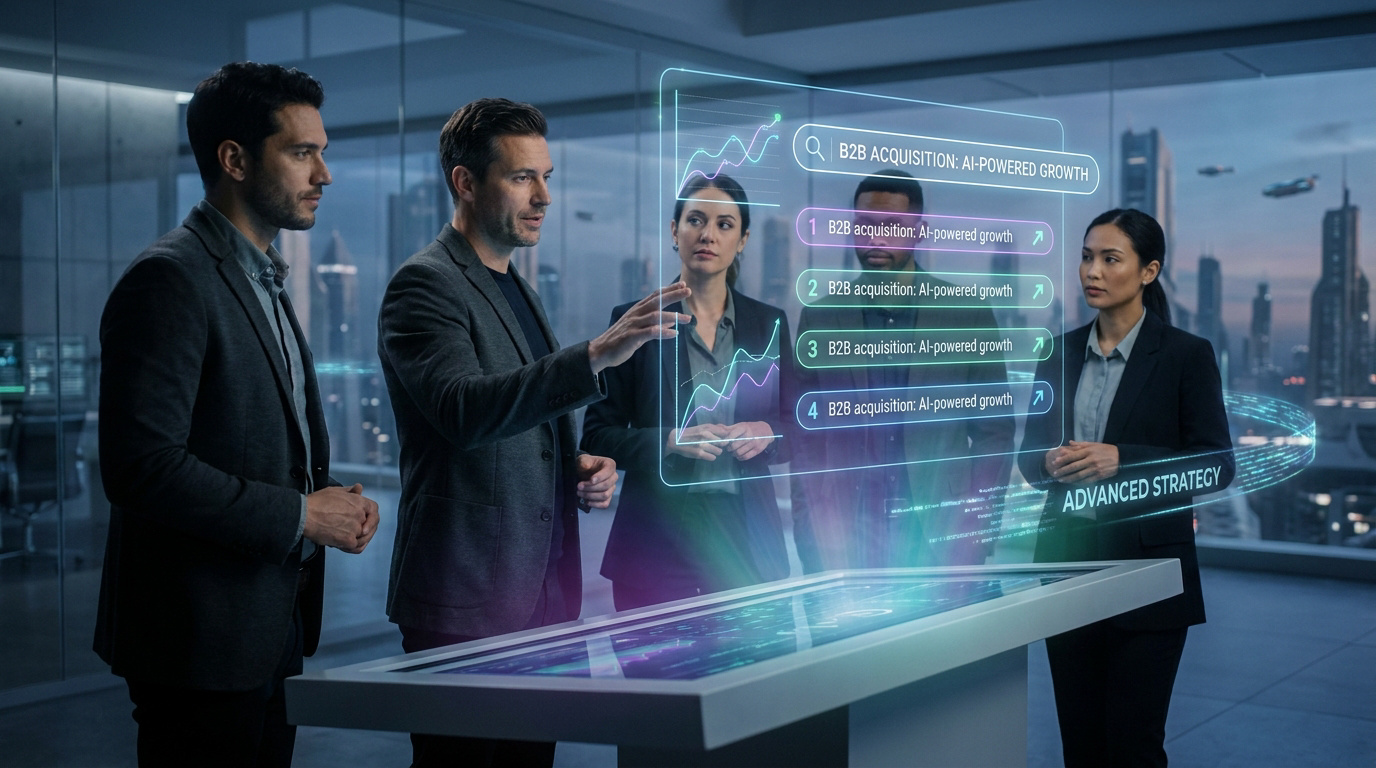 Équipe d'affaires analysant des données de croissance B2B sur un écran holographique futuriste dans un bureau moderne.