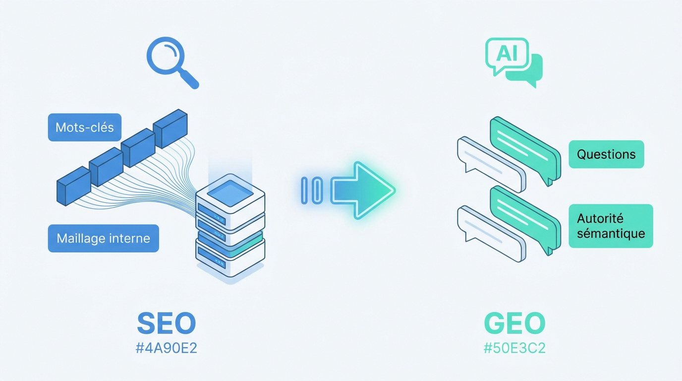 Schéma illustrant la transition du SEO vers le GEO et des mots-clés vers l'intelligence artificielle
